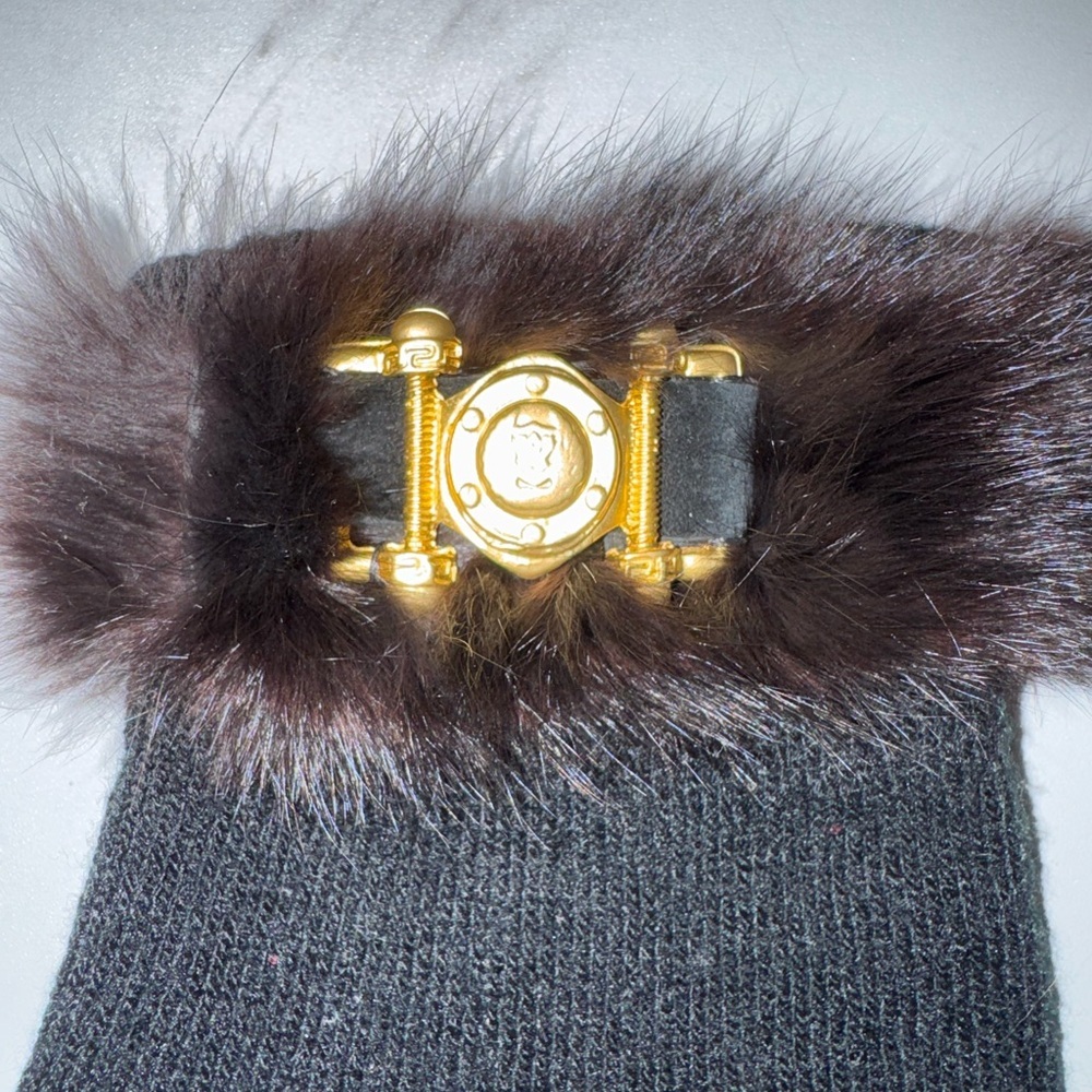 Black Faux Fur Trim Knit Gloves with Gold Accent - Picture 3 of 3